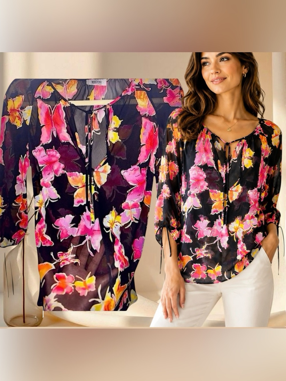 Vintage Moschino Butterfly Print Sheer Blouse Black Pink Y2K Chiffon Top - Picture 2 of 9